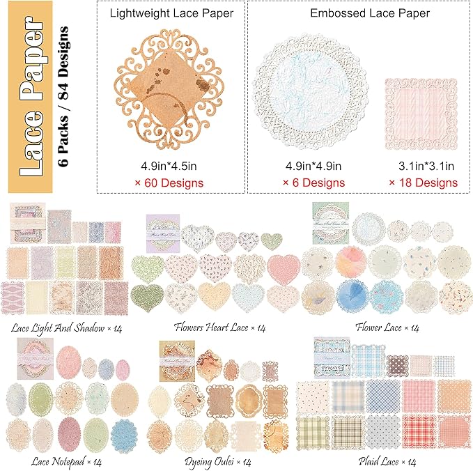 84 Sheets Lace-Edged Scrapbook Paper, 6 Themes Embossed Scrapbooking Paper