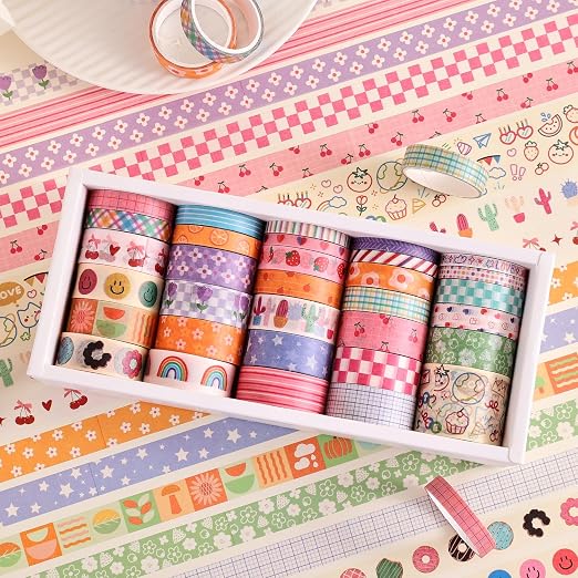 PAGEMORE 32 Rolls Colorful Cute Floral Writable Washi Tape Set, Decorative Tapes for Scrapbooking and Journaling, Junk Journal Supplies, Bullet Journaling for Women Girl 5-30mm Wide 9.84ft Long/Roll