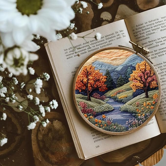 FONNUY Embroidery Kit for Beginners, Boho Nature Landscape Pre-Stamped Pattern Kits for Adults with Hoop, Easy to Follow Color Thread Needlework, 8'' Hoop (Mountain Trail)