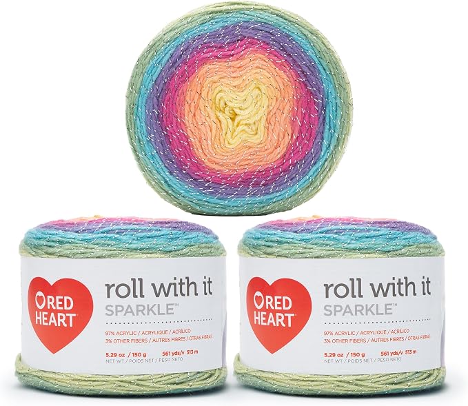 Red Heart Roll with It Sparkle Yarn for Crocheting, Magic, 3-Pack