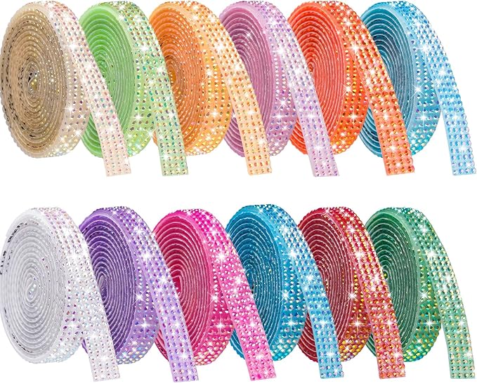 NiArt 12 Rolls Self Adhesive Rhinestone Ribbon 12 Yards DIY Bright Colors