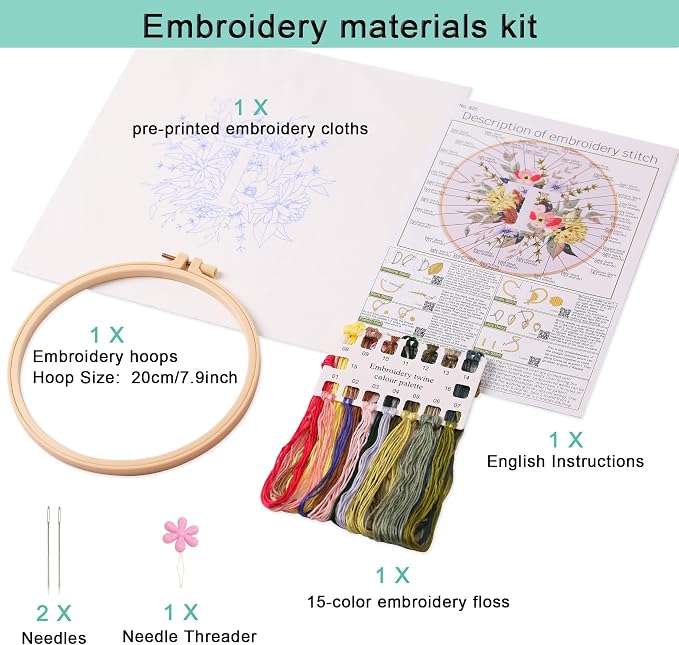 Harimau Letter Pattern T Embroidery Kit for Adult Beginners, Complete Starter Pack with 1 Hoop, Needles, Instruction Guide & Embroidery Stitch Video Tutorials