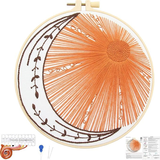 Crafmanoe Hand Embroidery Kits for Beginners Adults, Sun Moon Embroidery Starter Kits, Stamped Cross Stitch Kits DIY Needlepoint Kit for Beginners Adults, Embroidery Hoop, Thread and Video Tutorial