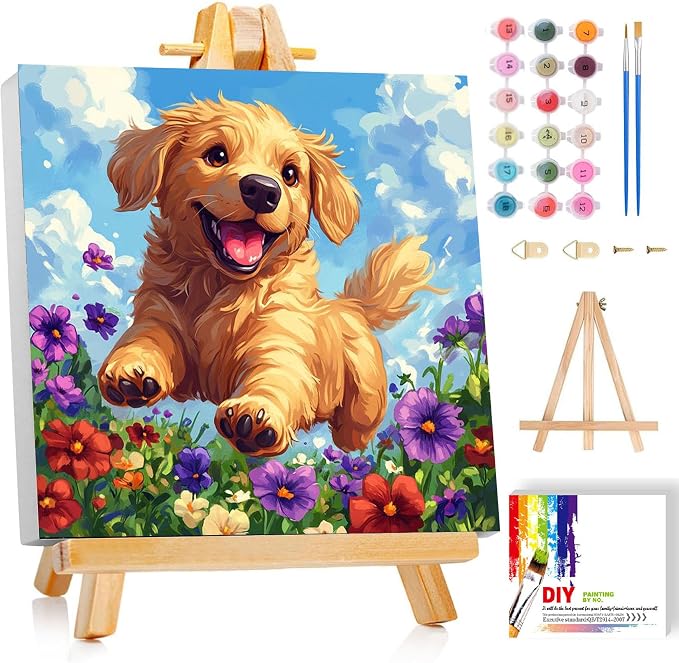 Dog Paint by Numbers Kit for Kids with Frame - Cute Dog Paint by Number for Kids, Kid Painting by Number Kits Age 8-12 for Home Wall Decor 8X8inch (with Wooden Easel)
