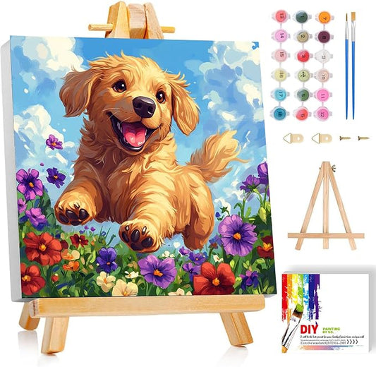 Dog Paint by Numbers Kit for Kids with Frame - Cute Dog Paint by Number for Kids, Kid Painting by Number Kits Age 8-12 for Home Wall Decor 8X8inch (with Wooden Easel)