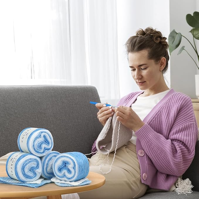 Katech Yarn for Crocheting-4 Pack of 100g/3.52 oz Gradient Cake Yarn | #3 DK Light-60% Cotton 30% Acrylic 10% Wool -Perfect for Scarves, Shawls, Blankets, and Garments That Stand Out with Style(E)