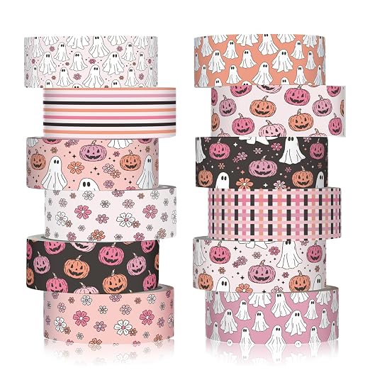 12 Rolls Floral Washi Tape Set,Pink,Halloween | Cute Ghost Pumpkin Design for Christmas Scrapbook Journal DIY Craft Supplies, 15 mm Vintage Decorative Masking Washi Tapes