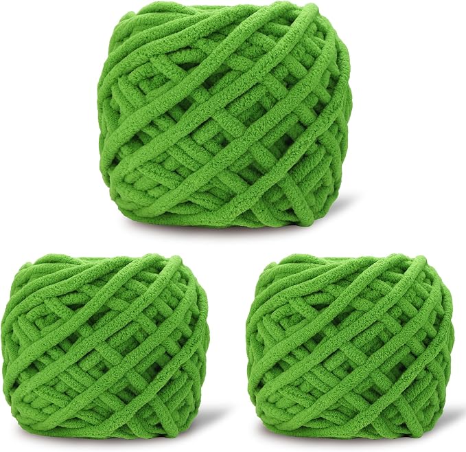 3 Pack Plush Chenille Chunky Yarn for Crocheting 100g(54.6yd) - Bulky Thick Fluffy Yarn for Knitting- Soft Velvet for Baby, Blanket Knitting Blanket Yarns- Amigurumi Yarns (3-Green)