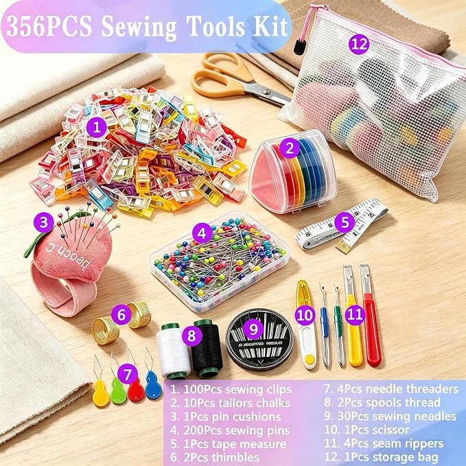 Sewing Clips Kit,Sewing Pins Set,356Pcs Sewing Supplies,Straight Pins,Fabric Clips,Tailors Chalk,Wrist Pin Cushions,Needles,Seam Rippers,Scissors,Tape Measure for Sewing Supplies and Crafting Tools