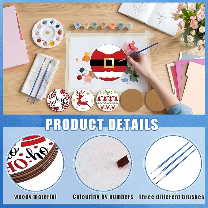 8 Pack Christmas Paint by Numbers Kits Coasters with Holder Cork Pads | Xmas Paint by Number Kits for Adults Simple Round Oil Painting Coaster for Small DIY Craft Holiday Birthday Gift 3.9x3.9in