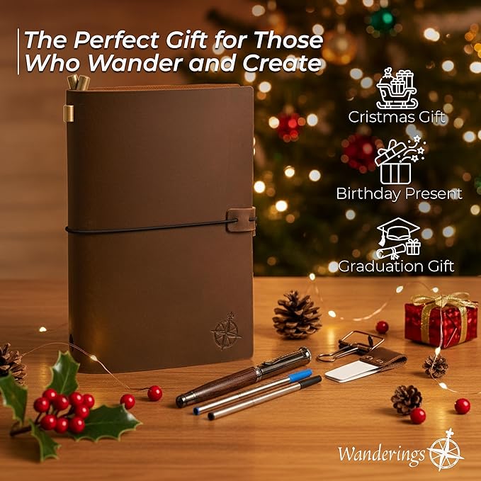 WANDERINGS A5 Travelers Notebook Bundle – 6" x 8.5" (15 x 22cm) – Genuine Leather Journal with Pen Holder, Pen, 2 Ink Refills, PVC Folder & Binder Clip