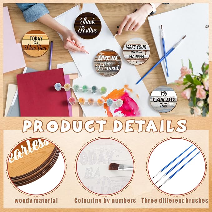Reallnaive 8 Pcs Inspirational Paint by Number Kit for Adult Wooden Coaster | Mini Paint by Numbers, Farmhouse Motivational Round Oil Painting Drink Coaster with Holder, for Small DIY Craft Birthday Gift