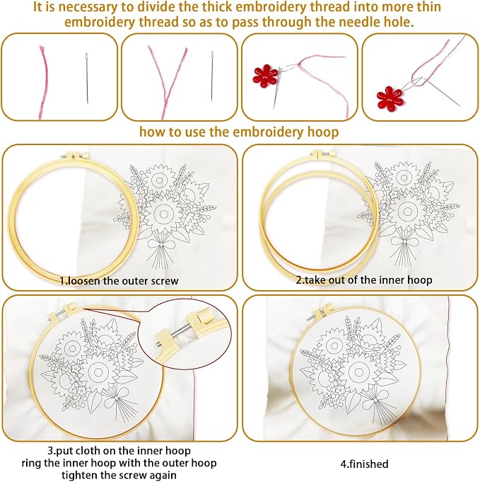 BEUNITONE 4pcs Embroidery Kit, Flower Stamped Embroidery Kits with Hoop, Thread & Needles, Colorful Bouquet Cross Stitch Kits Sewing Gifts for Adults and Beginners, DIY Craft for Relaxation