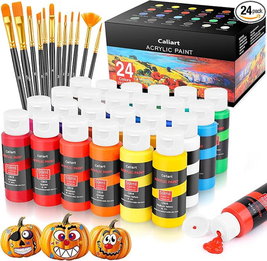 Caliart 24 Colors Acrylic Paint Set with 12 Brushes | Craft Painting kit for Adults Artists Beginners, Halloween Pumpkin Canvas Wood Rock Ceramic Fabric Art Supplies Paints
