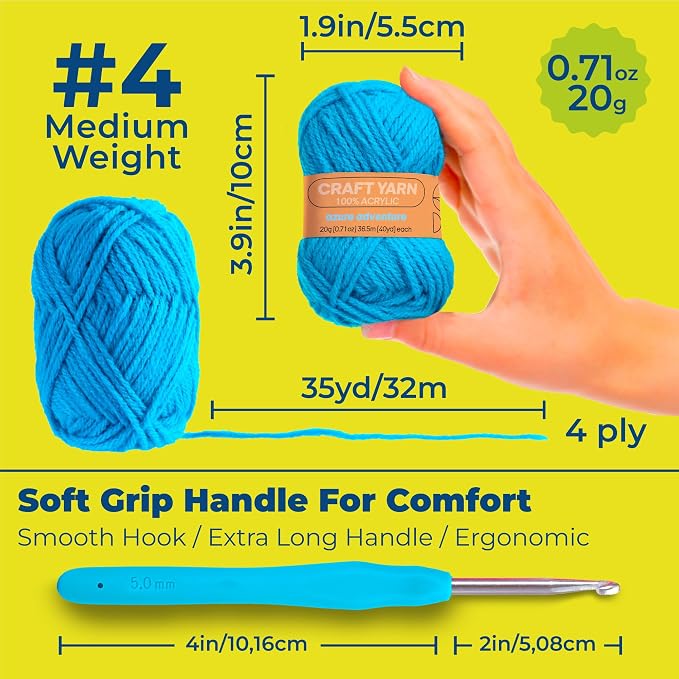 CRAFTWIZ 100% Acrylic Yarn for Crocheting and Knitting - 30x20g Skeins of #4 Worsted Weight, 1200 Yards of Soft Yarn, Perfect for Amigurumi and Other Small Crafts Projects