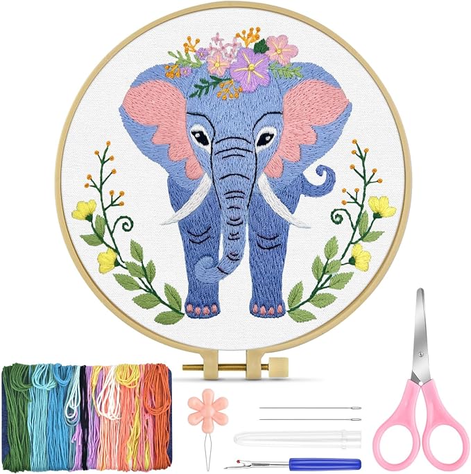 TINDTOP Embroidery Kit for Beginners Adult, Elephant Embroidery Kit for Beginners Include Embroidery Cloth Hoops Threads for Craft Lover Hand Stitch with Embroidery Skill Techniques | Include Embroidery Cloth Hoops Threads for Craft Lover Hand Stitch w...