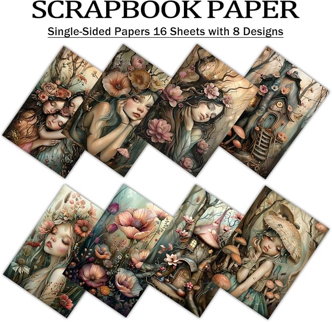 PRSTINCOL Scrapbook Paper,16 Sheets 4.1x5.8 Inch Forest Fairy Style Scrapbook Paper,Single-Sided Vibrant Origami Decoupage Papers for Diy Crafts, Card Making, Art Journaling