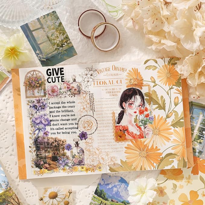 Aromoty Scrapbooking Supplies Kit, Botanical Aesthetic Vintage Scrapbook Kit for Bullet Junk Journal A6 Grid Notebook Stationary (Centaury Love)