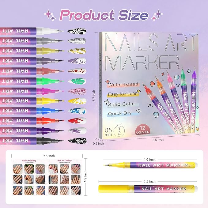 dabria Nail Art Pens for Painting Nails 12 Colors Nail Art Markers Set with 0.5 mm Fine Tip, Instructions Included, Nail Doodle Pens for Girls Kids Women (Standard)