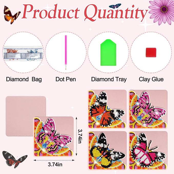 WIVICO 4Pcs Diamond Painting Bookmarks, Diamond Pearl Art Kits for Adults | DIY Diamond Dots Paint By Numbers Kit,Gifts for Book Lovers(Pink Butterfly)