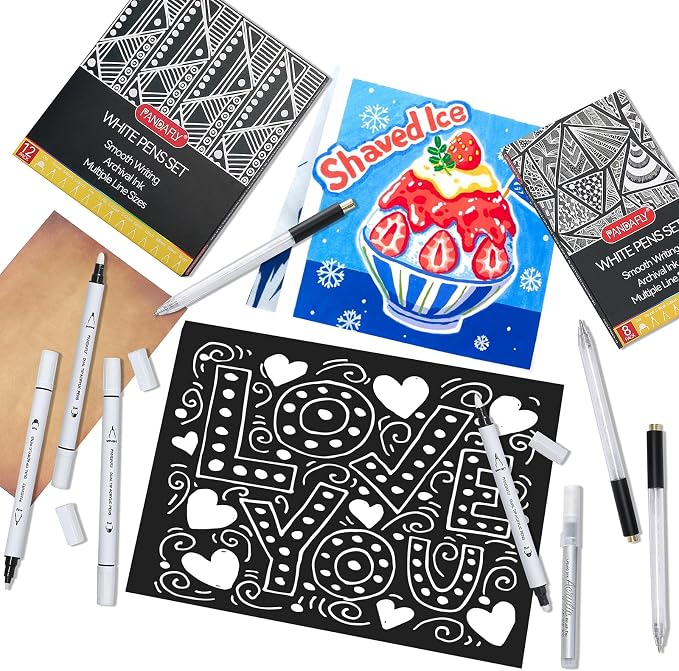PANDAFLY 12 Pack White Pens Set, White Gel Pens, Dual-Tip Acrylic Paint Pen