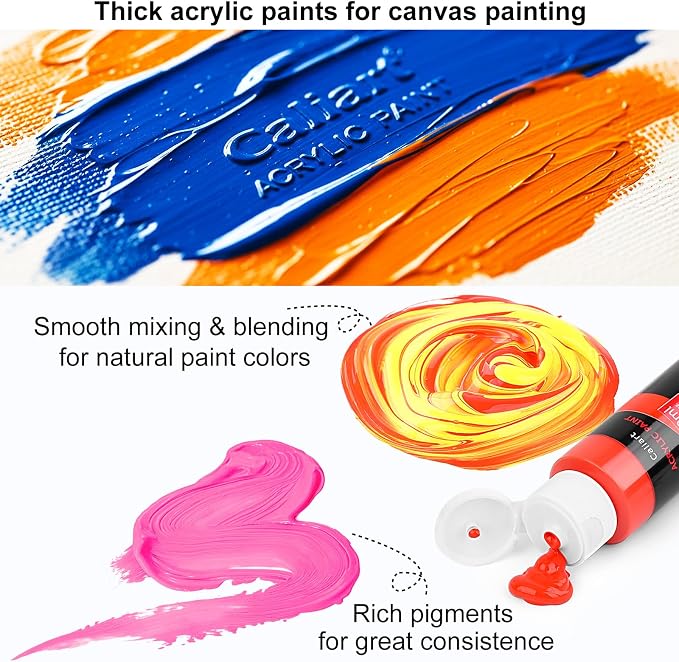 Caliart 24 Colors Acrylic Paint Set Large Bottles 4oz with 12 Brushes | Craft Painting kit for Adults Artists Beginners, Rich Pigment Non-toxic, Canvas Wood Rock Pumpkin Ceramic Art Supplies Paint