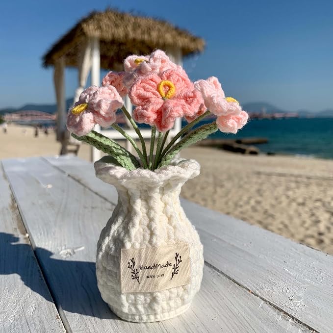 Forget-me-not Crochet Flower Potted Plant Pink - Handmade Desk Decor for Her Girlfriend Wife Mom Friends Sister Graduation Birthday Wedding Anniversary Home Decoration