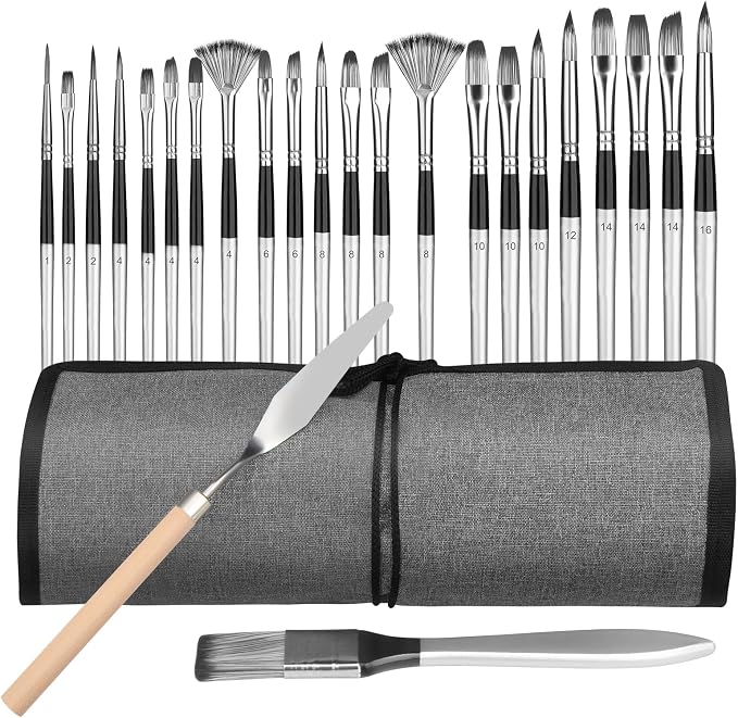 Paint Brushes Set, 24 Pcs Synthetic Acrylic Paint Brushes with Cloth Pouch and Palette Knife, Professional Artist Brushes for Acrylic Painting, Oil, Watercolor, Gouache, Face Painting (Grey)