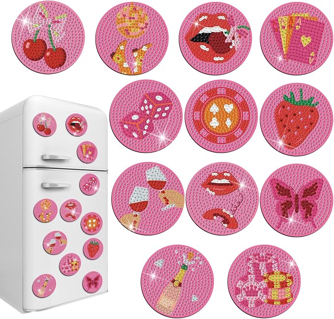 Zonon 12 Pcs Diamond Art Magnets Kit for Adults, DIY Cute Fridge Decor | Crystal Magnetic Stickers, Easy Refrigerator Decoration, No Frame Needed Finished Diamond Painting for Home Kitchen Decor