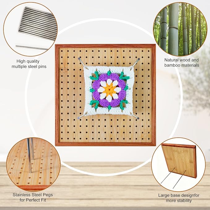 HHSarioneiro 7.8" Crochet Blocking Board with 16 Pins/Pegs, Granny Square Blocking Boards for Crochet Projects, Wooden Crocheting Accessories Gifts for Crocheters