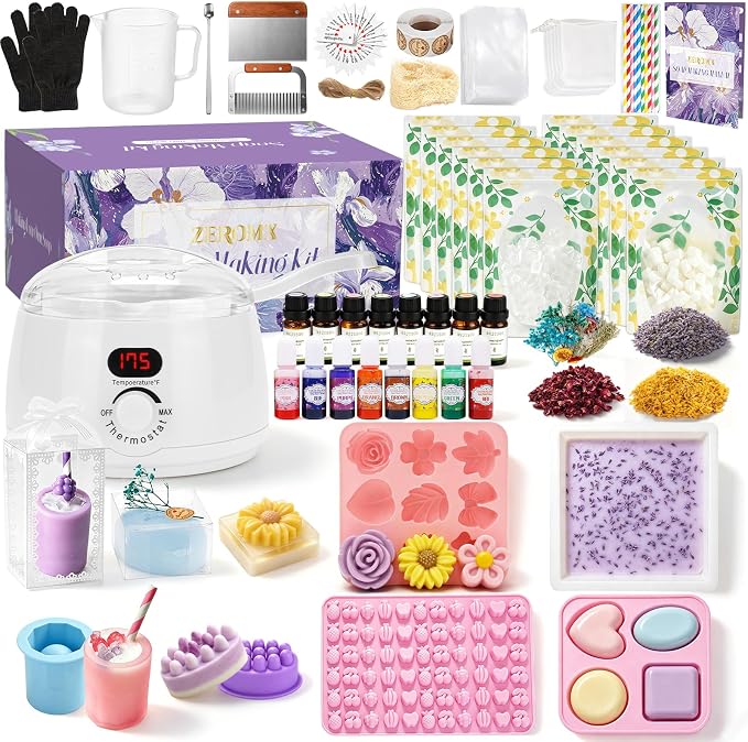 Soap Making Kit for Adults & Beginners, DIY Soap Making Supplies | 5.3lb Soap Base, Soap Melter, 2 Cutters, 8 Essential Oils & Dyes, 6 Silicone Molds, Gift Packaging, Handmade Craft Gift Set
