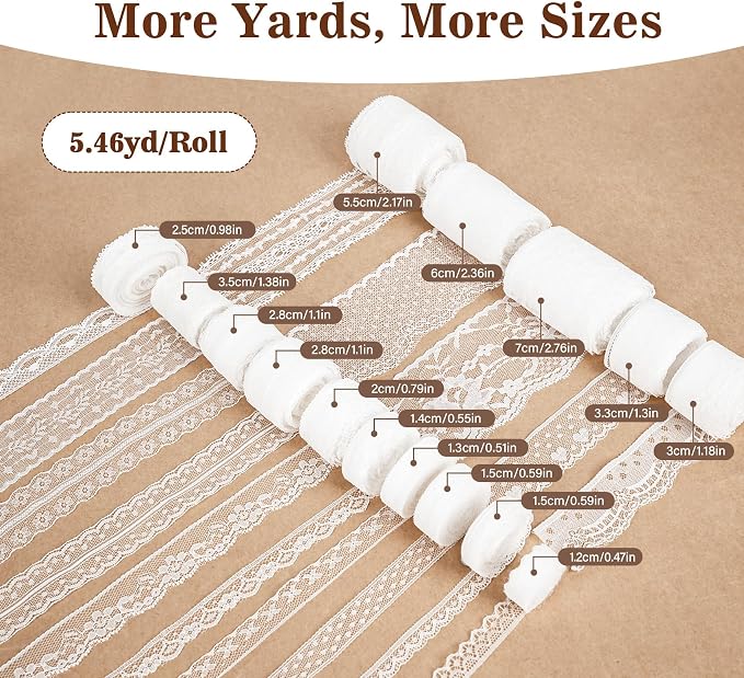 ilauke 82 Yards White Lace Ribbon 15 Rolls Vintage Lace Trims