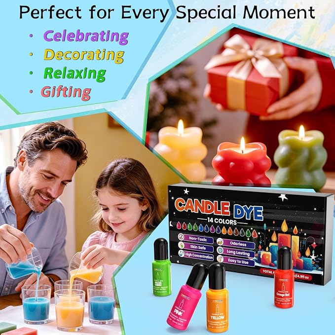 Candle Dye - 14 Colors Liquid Candle Wax Dye for DIY Candle Making, Highly Concentrated, Non-Toxic, Oil-Based Candle Color Dye for Soy Wax, Beeswax, Gel Wax, Paraffin Wax - 10ml/Bottles