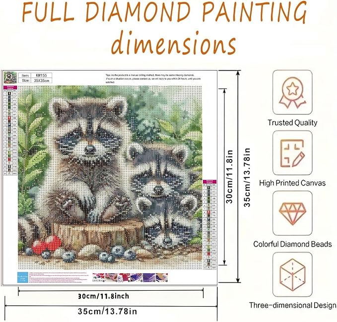 5D Animals Diamond Painting Kits for Adults,Raccoon Family Diamond Art Kits | DIY Full Drill Diamond Dot Gem Painting for Home Wall Decor 13.78x13.78inch