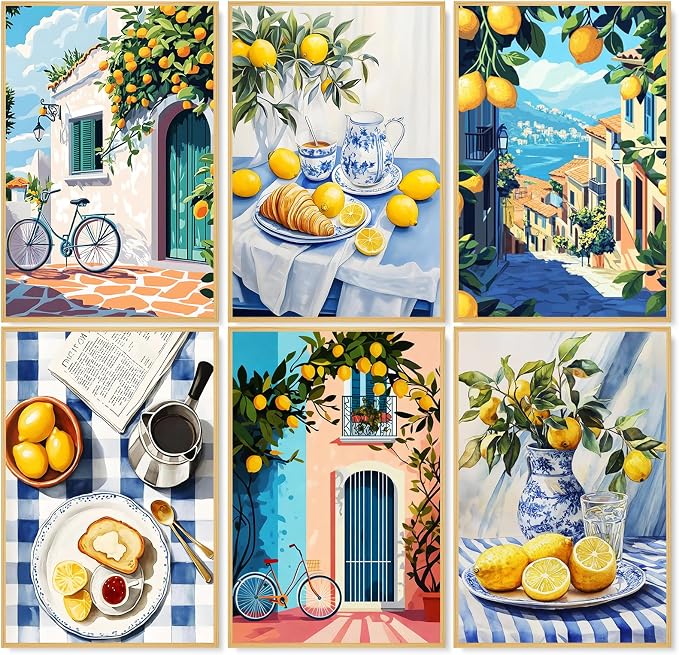 Camocin 6 Pack Paint by Numbers Kit for Adults, Lemon Canvas Painting Set | 8x12 Inch, DIY Acrylic Painting Craft Kit for Beginners without Frame, Relaxing Creative Hobby, Home Wall Decor, Gift