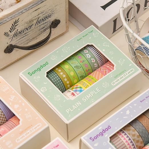 20 Rolls Basic Washi Tape Set Japanese Arts Adhesive Tapes Simple Patterns Decorative Masking Tape Sets for Craft, Kids, Scrapbook, DIY, Gift Wrapping (Style Five)