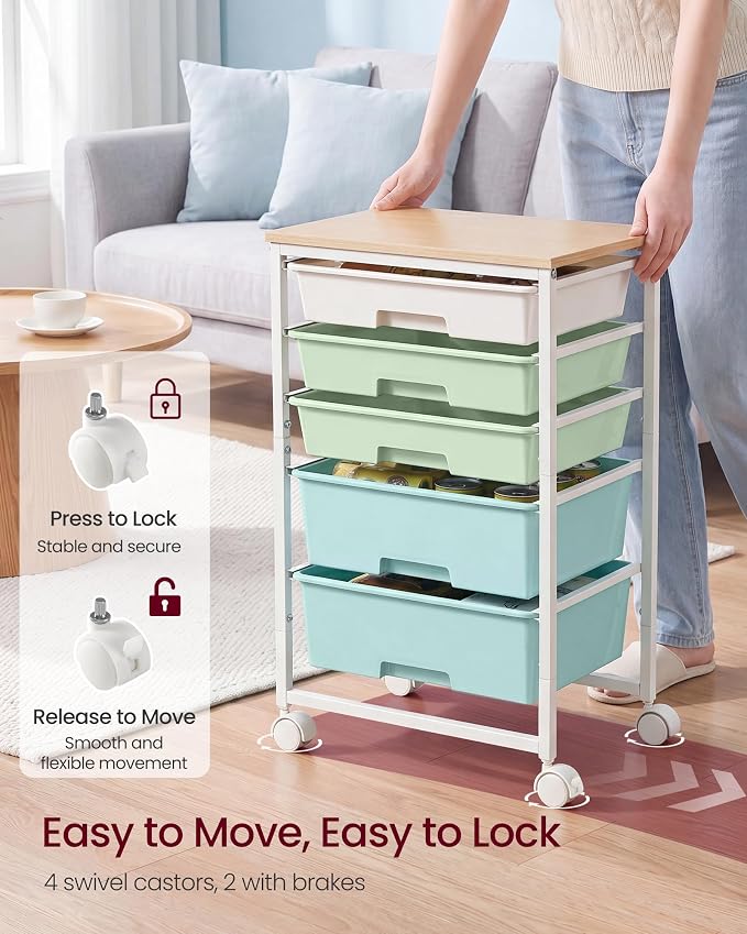 VASAGLE Rolling Cart with Drawers,5 Drawers Storage Cart, Green and White