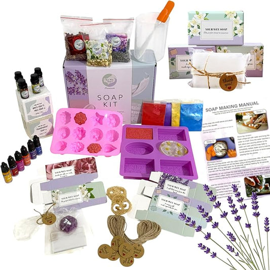 Soap Making Kit – 53 PCS DIY Melt & Pour Supplies with 2 lbs Soap Bases (1 lb Goat’s Milk + 1 lb Glycerin), Molds, Essential Oils, Liquid Colorants, Mica Powders, Flowers – Perfect for Gifting