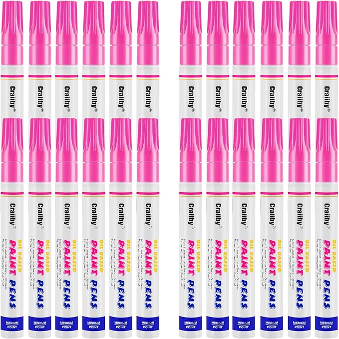 Pink Paint Markers, 24 Pack Oil-Based Waterproof Quick Dry Permanent Paint Pen Set for Rocks Painting, Wood, Fabric, Plastic, Canvas, Glass, Mugs, Metal, Tire, Stone, DIY Craft