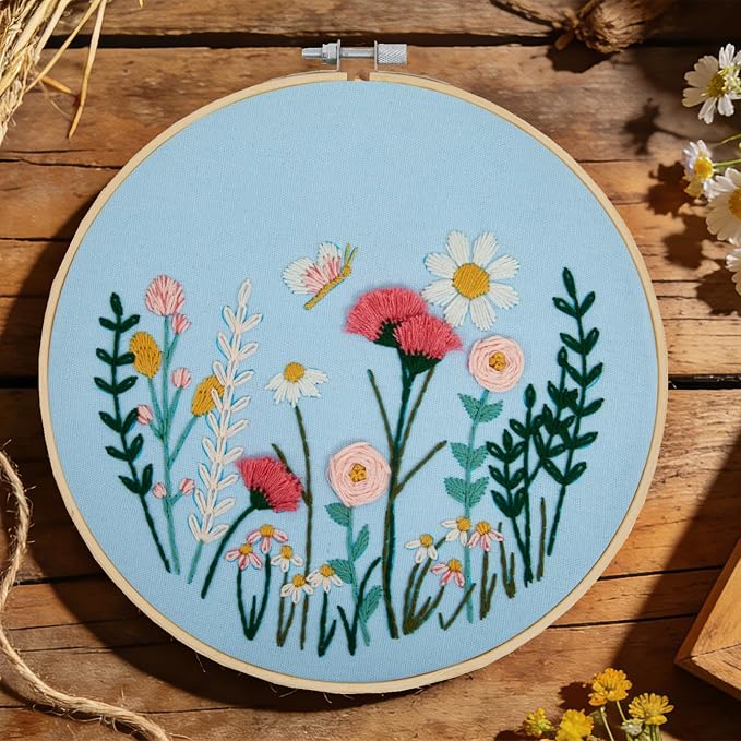 Flower Embroidery Kits for Beginners Adults, Hand DIY Embroidery Art Kits, Floral Stamped Cross Stitch Kits for Beginner Adults Craft Kits for Women, Entire Set of Embroidery Supplies & Video Tutorial