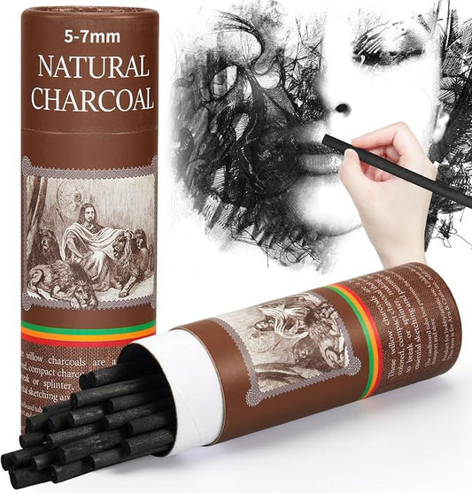 Gueevin 25 Pcs Soft Willow Charcoal Sticks Drawing,5-7mm | For Artists Beginners Students, Vine Charcoal Bulk for Sketching Shading Fine Art, Assorted Sizes, Back to School Gifts