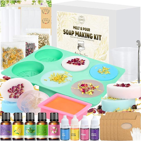 Jcoos Soap Making Kit, Soap Making Kit for Adults, Teen- Shea Butter Glycerin Melt and Pour Base, Molds, Dye, Fragrances, Dried Flowers, DIY Craft for Teen Beginners Girls, Gift Boxes for Women