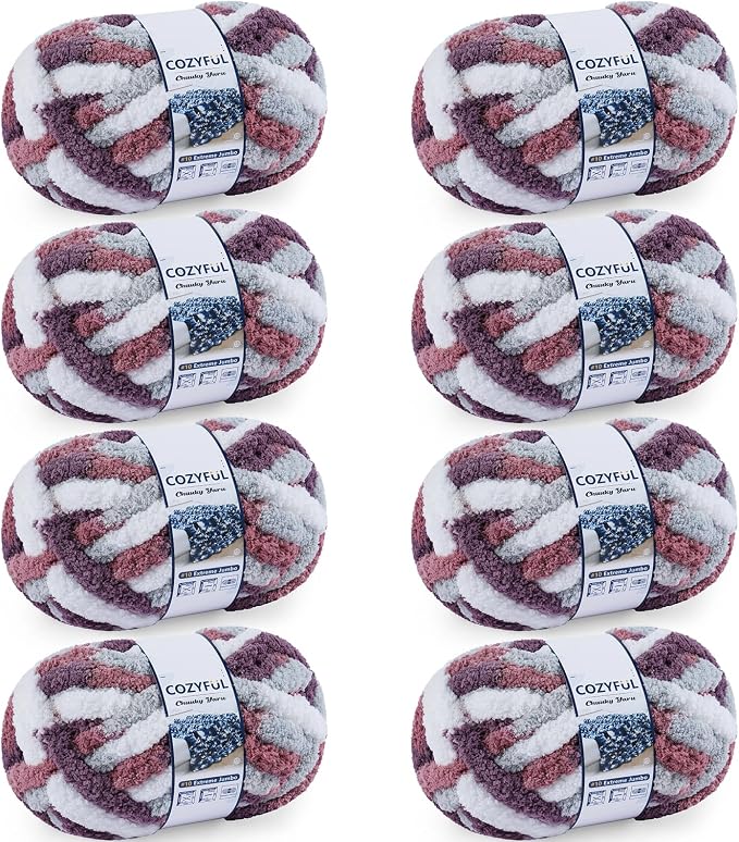 Cozyful Chunky Yarn for Hand Knitting - #10 Chunky Chenille Blanket Yarn, Jumbo Big Thick Chunky Yarns for Crocheting, Tie Dye Bulky Knit Yarns, 8 Skein (20 yds 8 oz Each Skein), Purple&Mauve&Grey