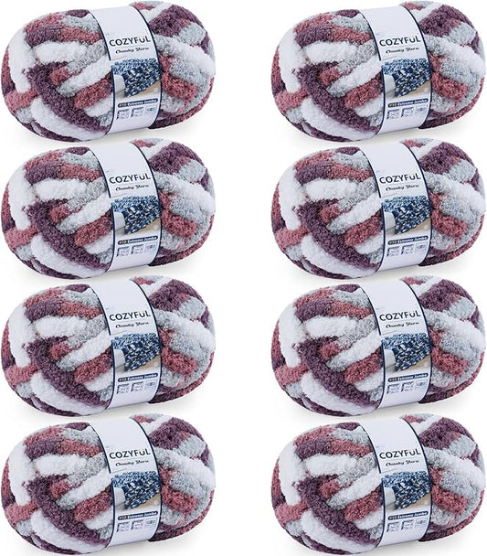 Cozyful Chunky Yarn for Hand Knitting - #10 Chunky Chenille Blanket Yarn, Jumbo Big Thick Chunky Yarns for Crocheting, Tie Dye Bulky Knit Yarns, 8 Skein (20 yds 8 oz Each Skein), Purple&Mauve&Grey
