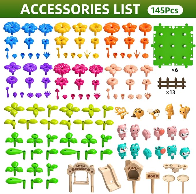 145 Pcs Toys for 3 Year Old Girl, Toddler Gardening Set Flower Garden Toy Girls Building Sets Best Educational Learning Fine DIY Crafts Stem Construction Stacking Kit for 3 4 5 6 7 Years Kids