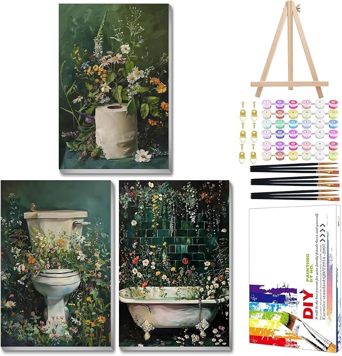 Mandun Bathroom Paint by Numbers Kit for Adults, 3 Pack, 7.8x11.8 inch | DIY Painting Kits Crafts for Adults, Relieve Stress, Frame Canvas, Wooden Easel, Gift Box, Home Wall Decor