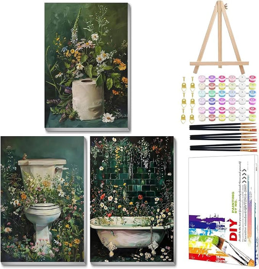 Mandun Bathroom Paint by Numbers Kit for Adults, 3 Pack, 7.8x11.8 inch | DIY Painting Kits Crafts for Adults, Relieve Stress, Frame Canvas, Wooden Easel, Gift Box, Home Wall Decor