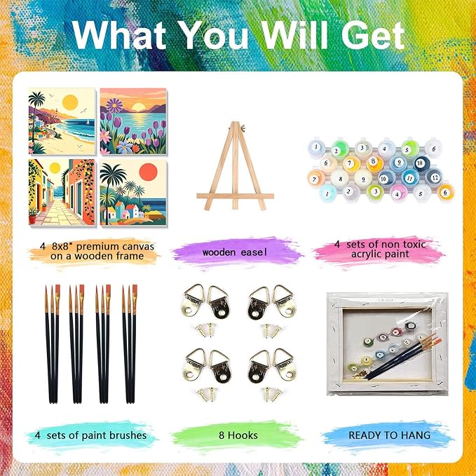 4 Pack Scenery Paint by Numbers for Adults with Frame Canvas - Wooden Easel | Landscape Paint by Number for Beginners, Easy Acrylic Oil Painting Kits with Brushes for Home Wall Decor (8x8 inch)