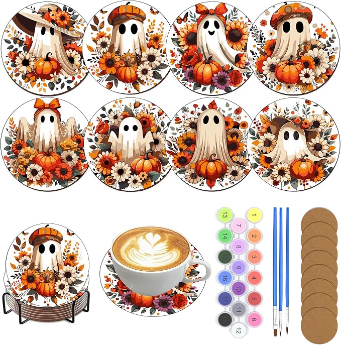 8 Pack Halloween Paint by Numbers Kits Coasters with Holder Cork Pads | Autumn Ghost Paint by Number Kits for Adults Simple Round Oil Painting Coaster for Small DIY Craft Holiday Gift 3.9x3.9in