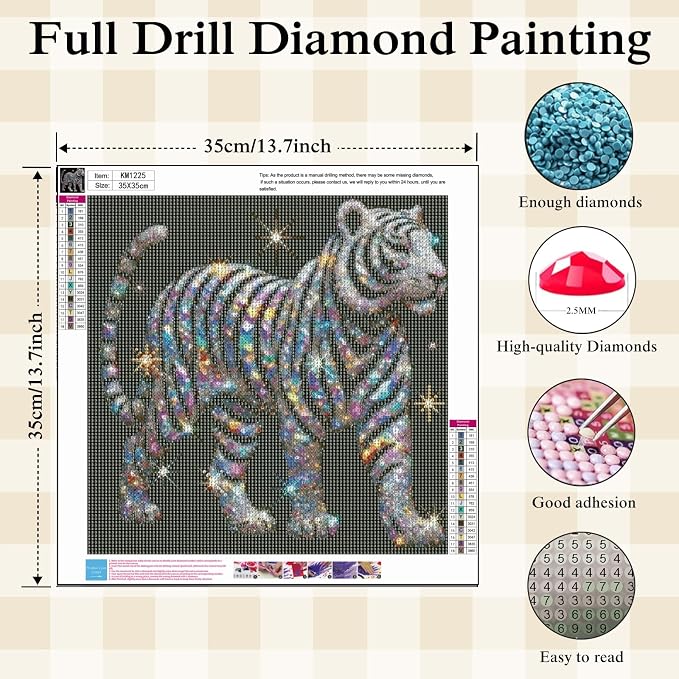 BYGFHLYW Tiger 5D Diamond Painting Kit for Adults, Animal Diamond Art Kits | Full Round Drill Gem Painting Paint by Diamonds Relaxing DIY Craft for Home Wall Decor 13.7x13.7inch